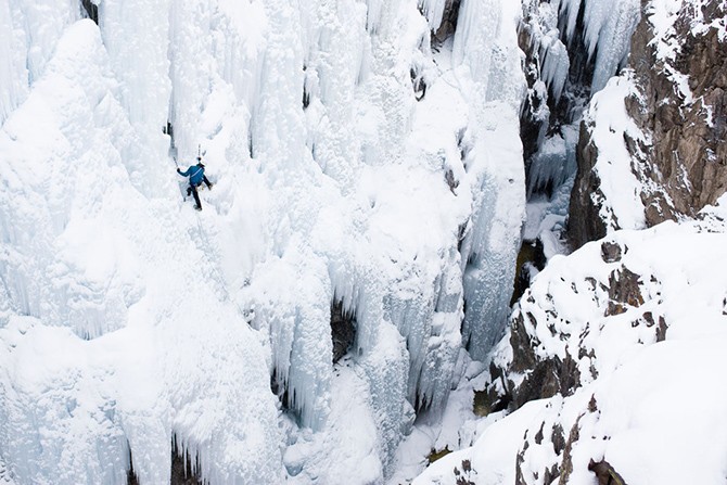 Aaron Prochaska ice climbing in Ouray, CO